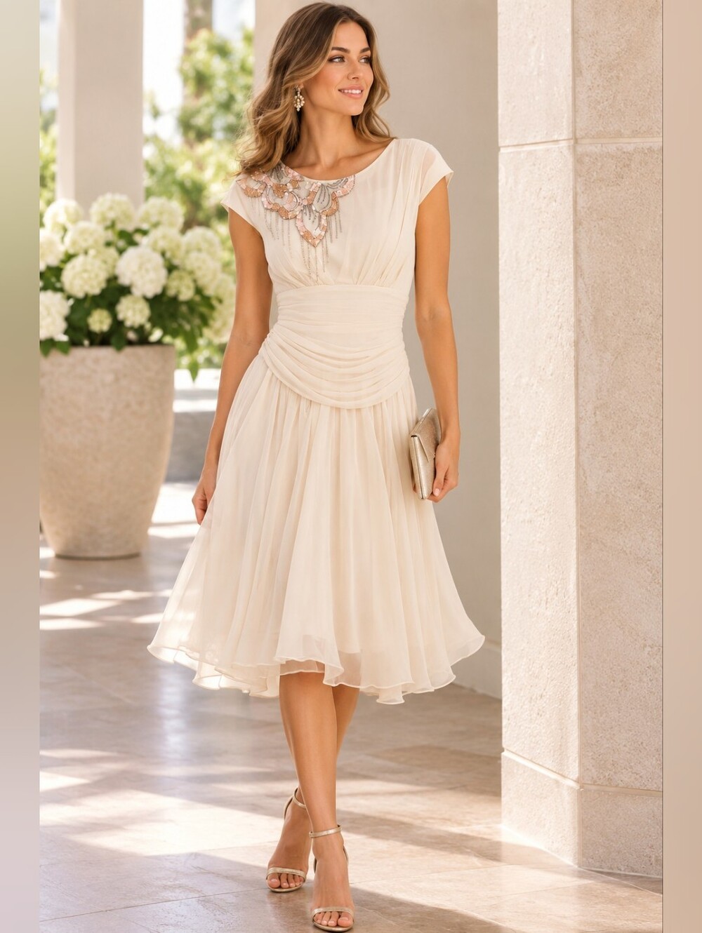Algo Boutique 🌟 Vintage-Inspired Cream Chiffon Midi Embellished Dress